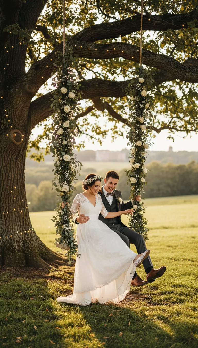 A professional photo, similar to a photo in a wedding magazine, of a decorated swing hanging from a large oak tree, adorned with floral garlands and string lights, with a couple posing playfully.