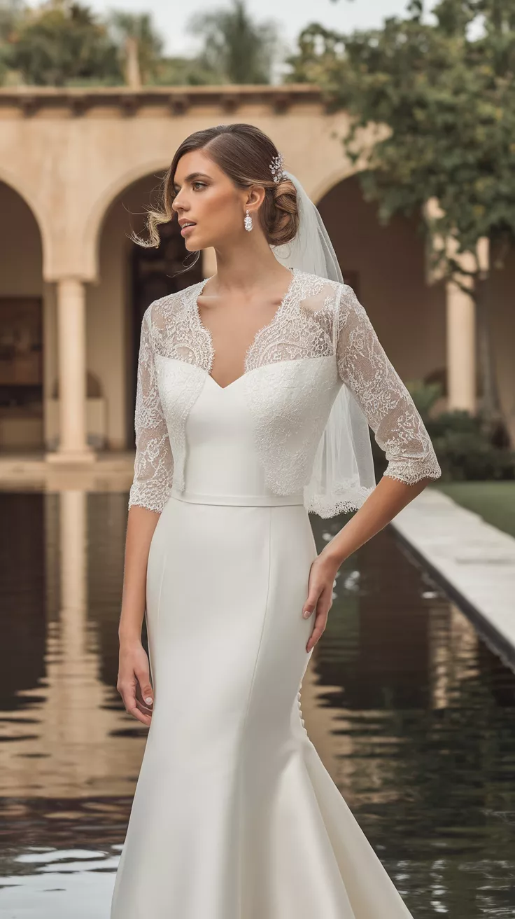 A photo of a bride wearing a classic fitted white gown with a lace bolero jacket, standing elegantly by a reflective pool with archways in the background.