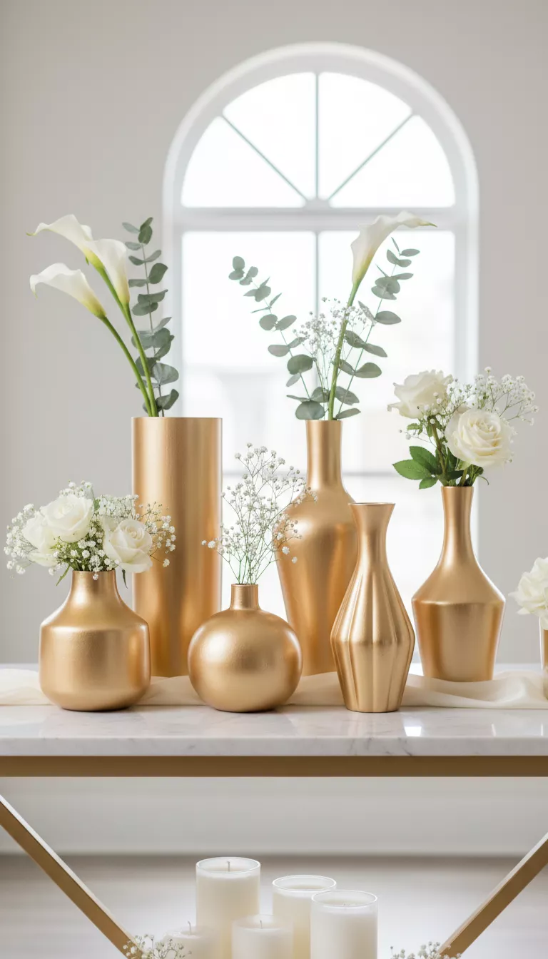 Metallic Spray Paint for a Chic, Modern Look A professional photo, similar to a photo in a wedding magazine, of Dollar Tree vases that have been uniformly coated with metallic gold spray paint, achieving a chic and perfectly modern decorative finish.