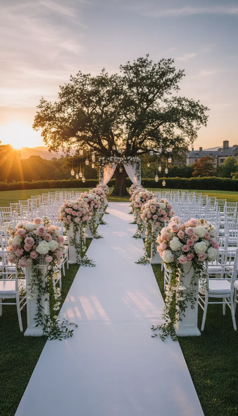 Pink and White Aisle Drama A photo of a grand outdoor wedding aisle dramatically lined with white chairs and tall pedestals crowned with voluminous pink and white floral arrangements leading to a lone tree.