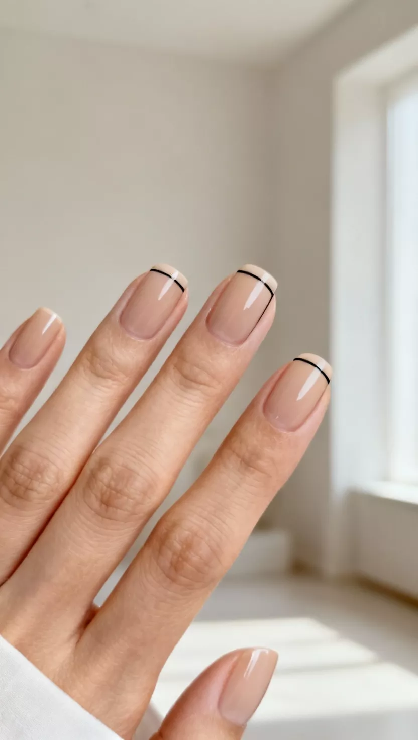 Black Magic Micro French close-up shot of a woman’s hand with five fingers showing nails with a glossy bare or sheer nude base, featuring an extremely thin, delicate, impeccably straight black line marking the very edge of the nail tip, room background.