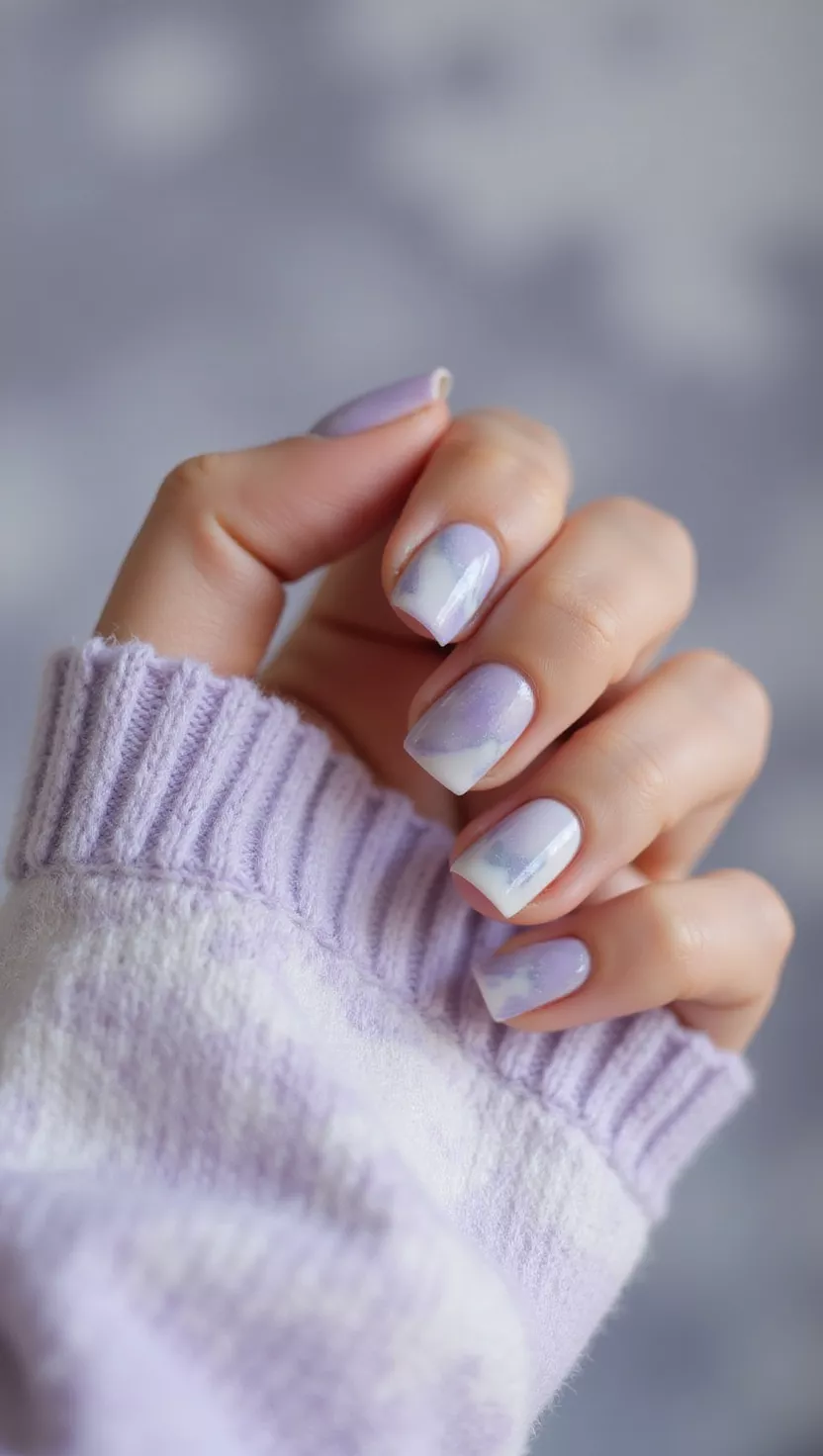 close-up shot of a woman’s hand with five fingers showing nails with a soft, diluted cloudy marble effect using lilac, white, and a hint of pale grey, resembling wispy winter clouds, airy room background.