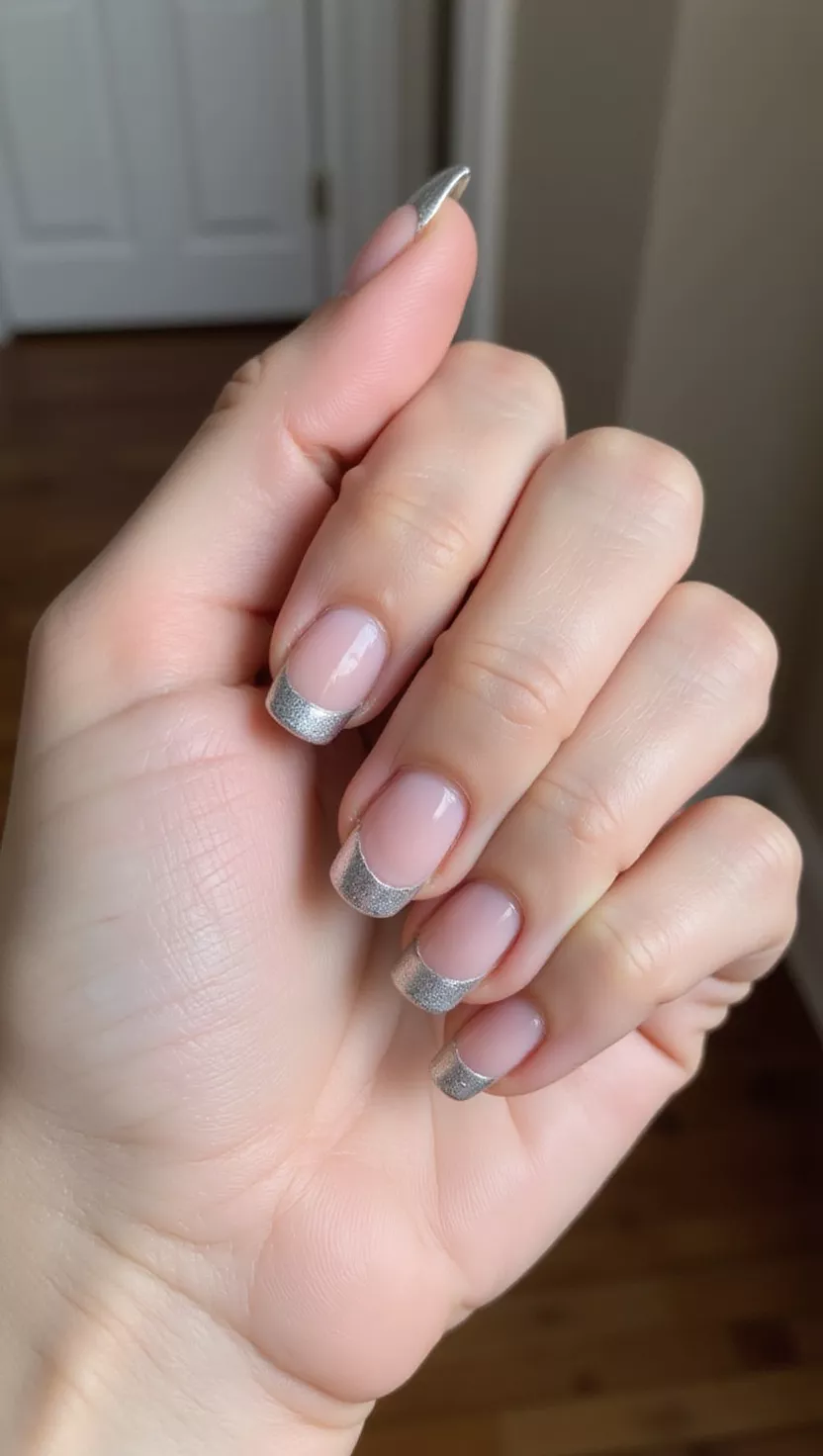 Metallic Silver Tips close-up shot of a woman’s hand with five fingers showing nails with metallic silver french tips on a sheer nude base, room background.