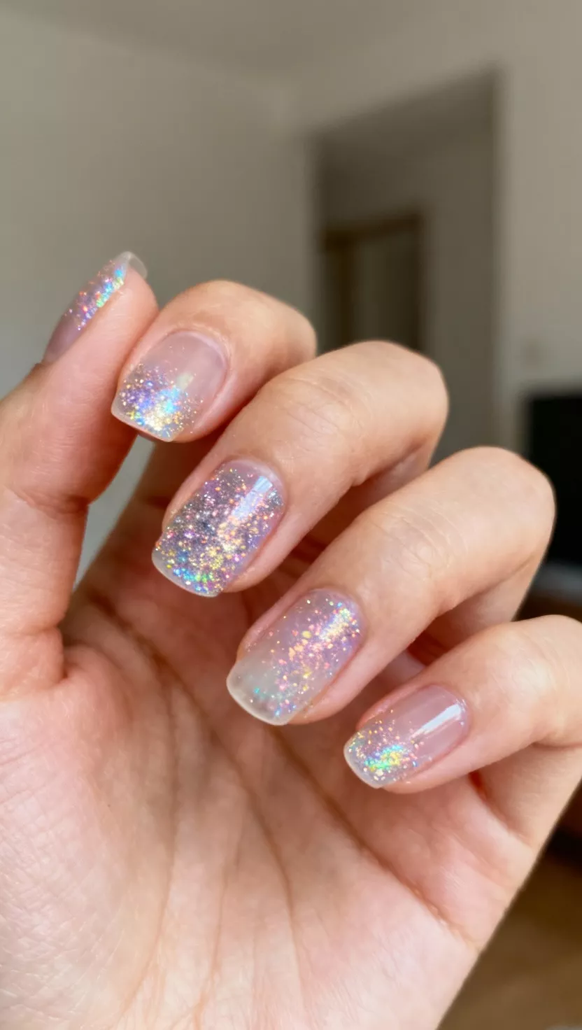 Chunky Holographic Glitter Fade close-up shot of a woman’s hand with five fingers showing nails with a clear base coat and chunky holographic glitter densely applied near the cuticle, fading out sheerly towards the tip, room background.