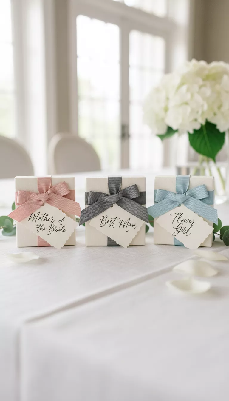 A professional photo, similar to a photo in a wedding magazine, of three small, elegant gift boxes tied with grosgrain ribbon, each personalized with a calligraphed tag: 