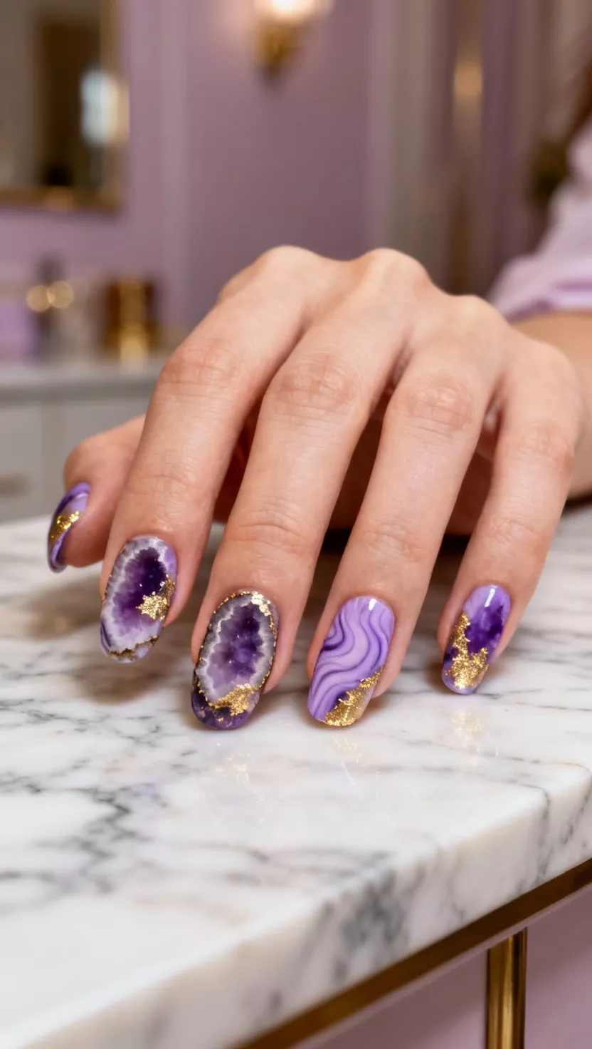 close-up shot of a woman’s hand with five fingers showing nails with a marbled design that mimics the inside of an amethyst geode, using swirling lilac, deep violet, and gold foil accents, marble countertop room background.