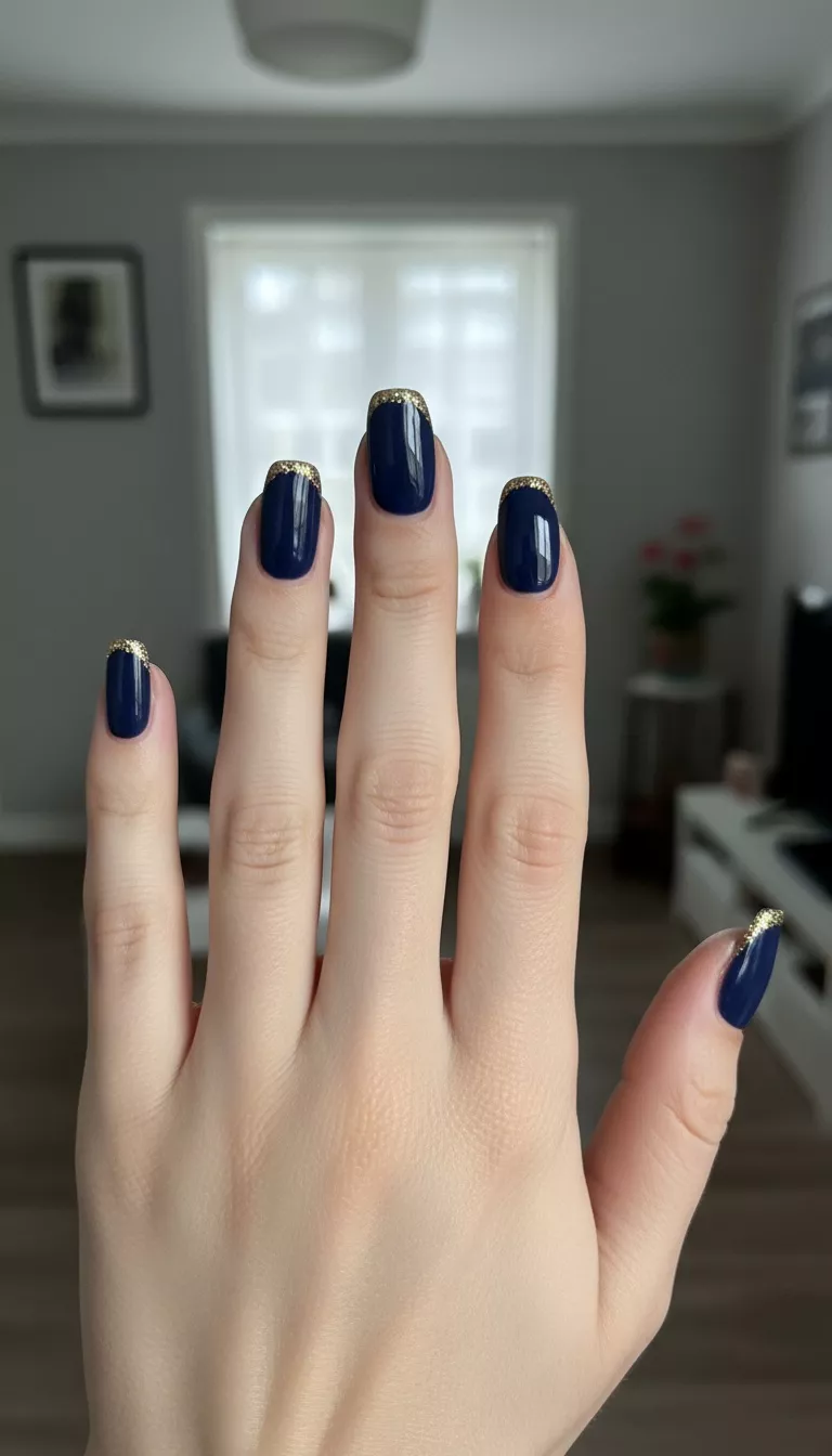 close-up shot of a woman’s hand with five fingers showing nails with a solid, high-gloss deep navy blue base, featuring a thin, precise line of super-fine gold micro-glitter applied right at the very edge of the tip, room background.