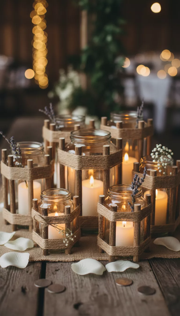 A professional photo, similar to a photo in a wedding magazine, of a grouping of small, charming DIY rustic lanterns crafted from repurposed Dollar Tree glass containers and small wooden dowels, each holding a battery operated candle.