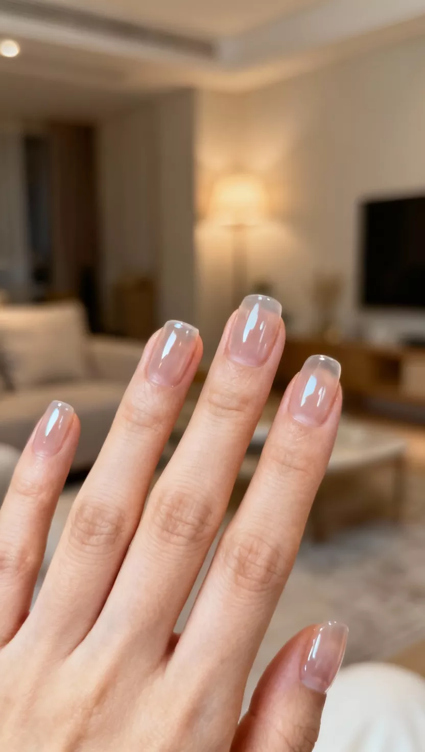 close-up shot of a woman’s hand with five fingers showing nails with a high-shine clear polish that mimics a healthy, natural nail, living room background.