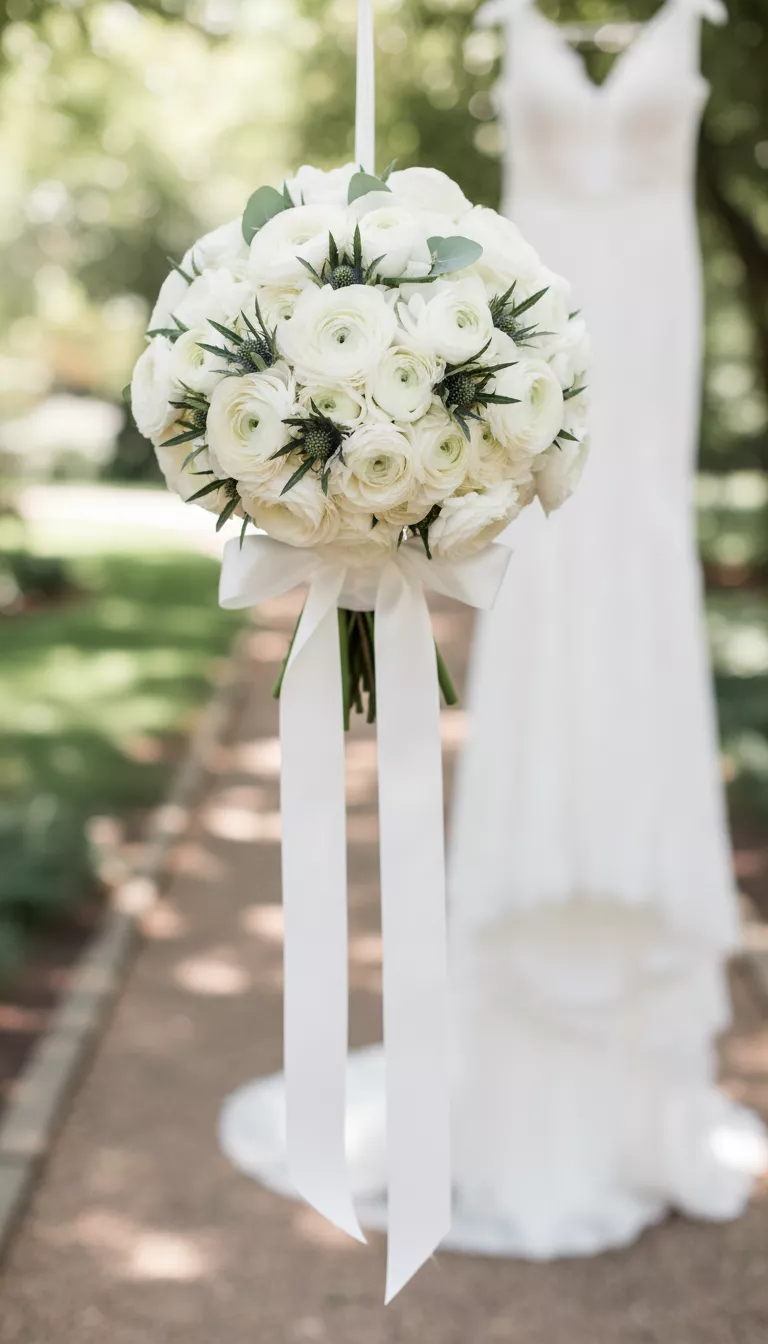 A professional photo, similar to a photo in a wedding magazine, of a petite, round wedding bouquet composed entirely of delicate white ranunculus and light green filler, tied neatly with white silk ribbon.