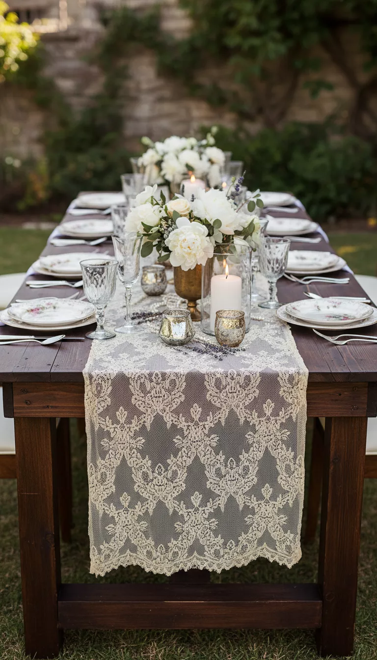 A professional photo, similar to a photo in a wedding magazine, of a dark wood farm table covered with a delicate ivory vintage lace overlay, subtly revealing the wood grain beneath and providing a textural, heirloom quality to the setting.