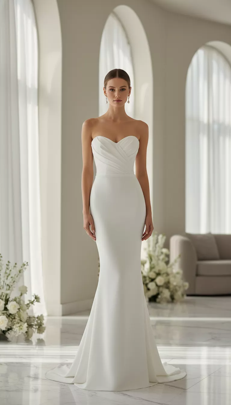 A professional photo, similar to a photo in a wedding magazine, of a strapless white wedding dress with a subtly draped sweetheart neckline, the form-fitting column silhouette gracefully flaring at the hem, creating a sophisticated and timeless look.