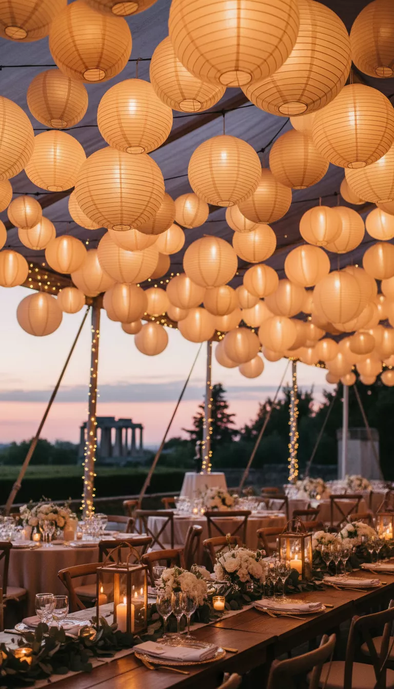 A professional photo, similar to a photo in a wedding magazine, of a festive array of various-sized white and ivory paper lanterns hung at different heights above an outdoor reception area, illuminated warmly.