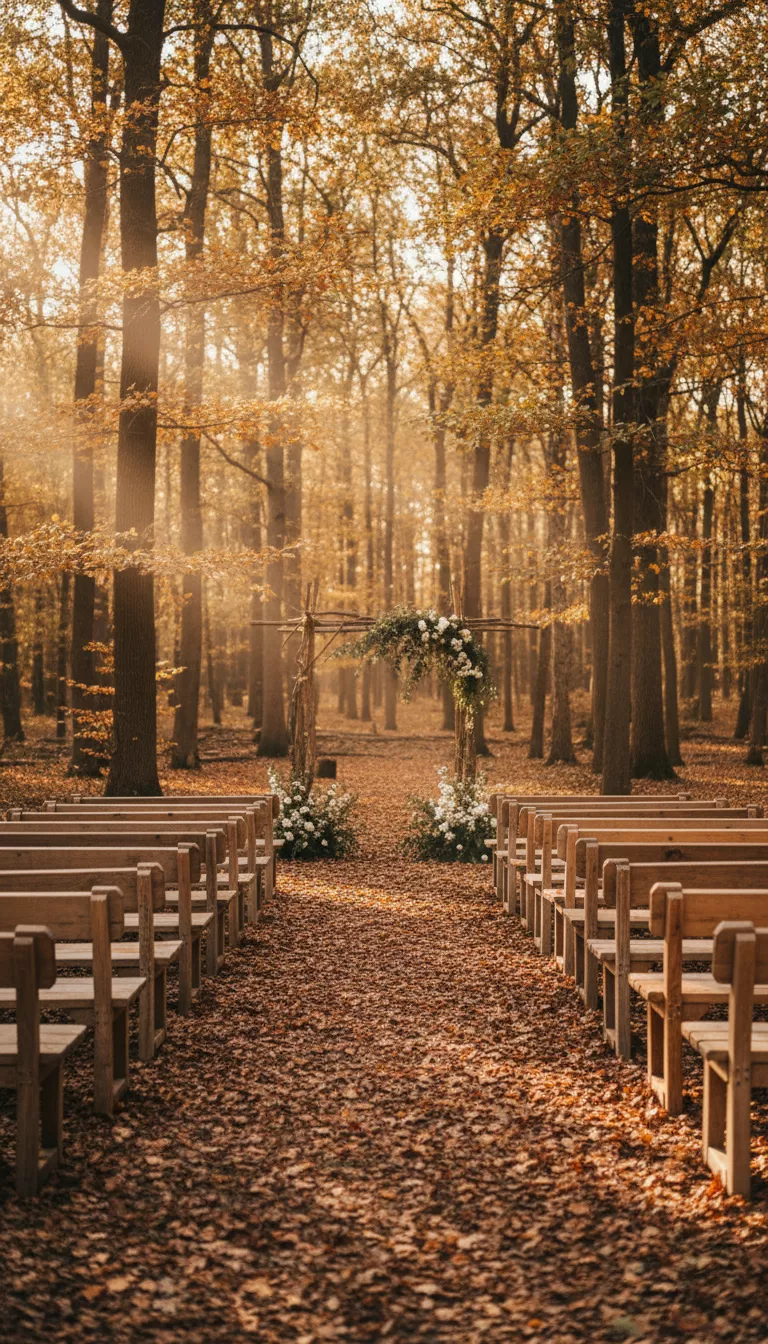 A professional photo, similar to a photo in a wedding magazine, of rustic wooden benches arranged neatly in rows facing a simple ceremony altar outdoors in a sunlit forest clearing.