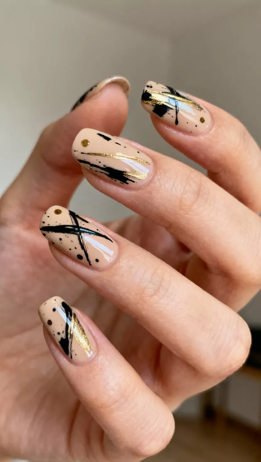 Black and Gold Abstract Splatter close-up shot of a woman’s hand with five fingers showing nails with an opaque beige nude base, deliberately splattered with haphazard lines and tiny dots of both shiny black and metallic gold polish for a modern, abstract art effect, room background.