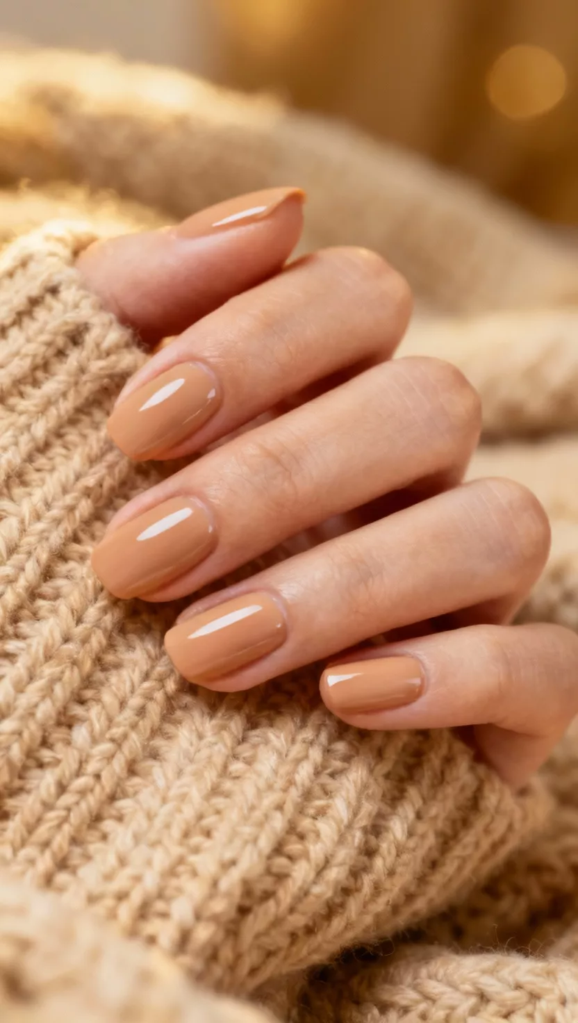 close-up shot of a woman’s hand with five fingers showing nails with a creamy, warm cashmere beige polish, knitted blanket background.