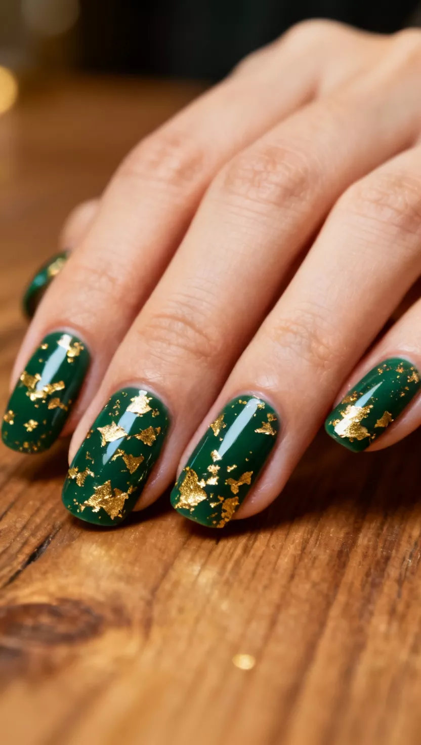 close-up shot of a woman’s hand with five fingers showing nails with a highly glossy, dark emerald green base, liberally adorned with fine gold foil flakes distributed unevenly over the whole nail plate, classic wooden table background.