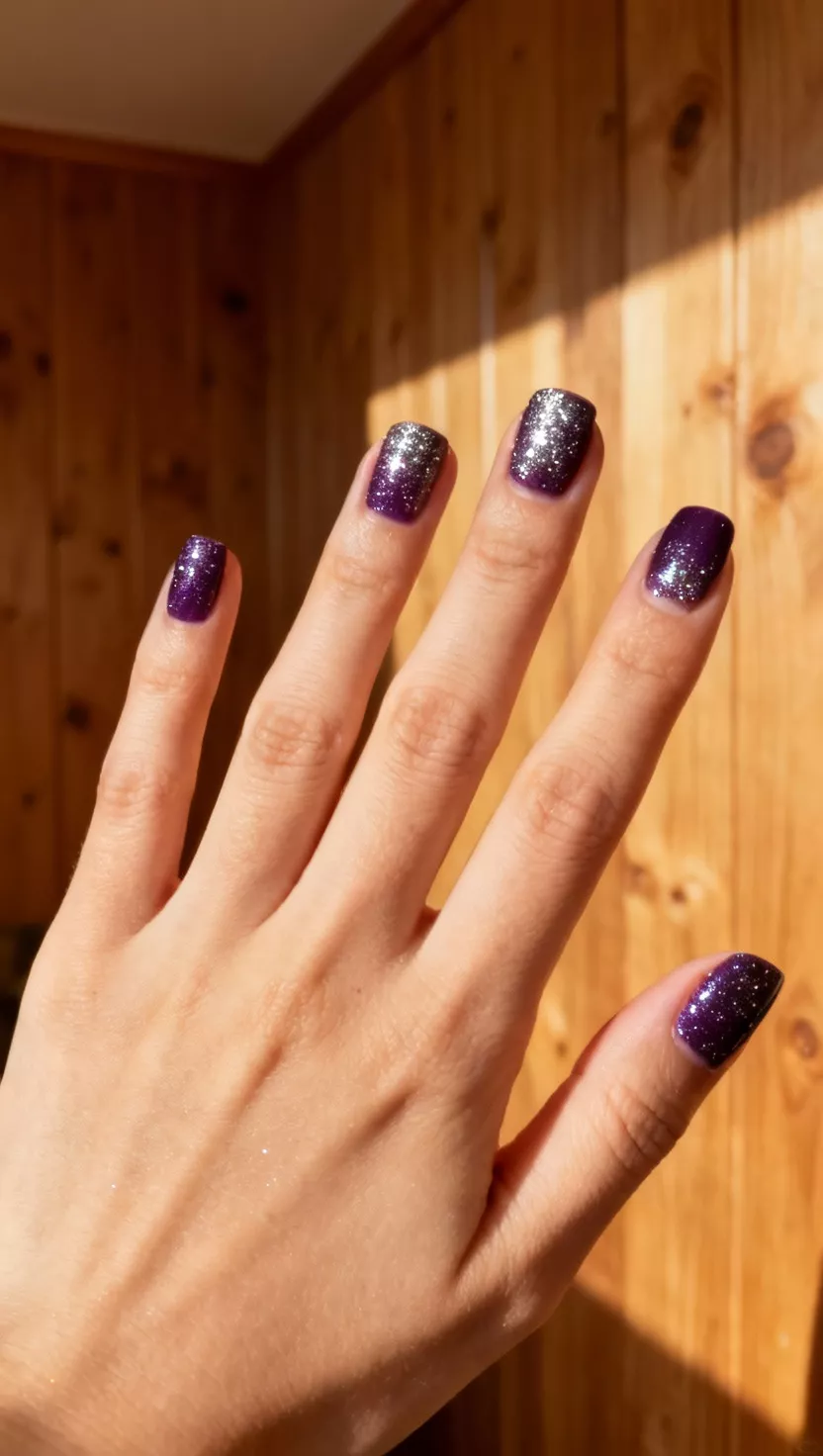 close-up shot of a woman’s hand with five fingers showing nails with a very dark purple base coat with fine silver micro-glitter scattered across, warm wood paneling room background.