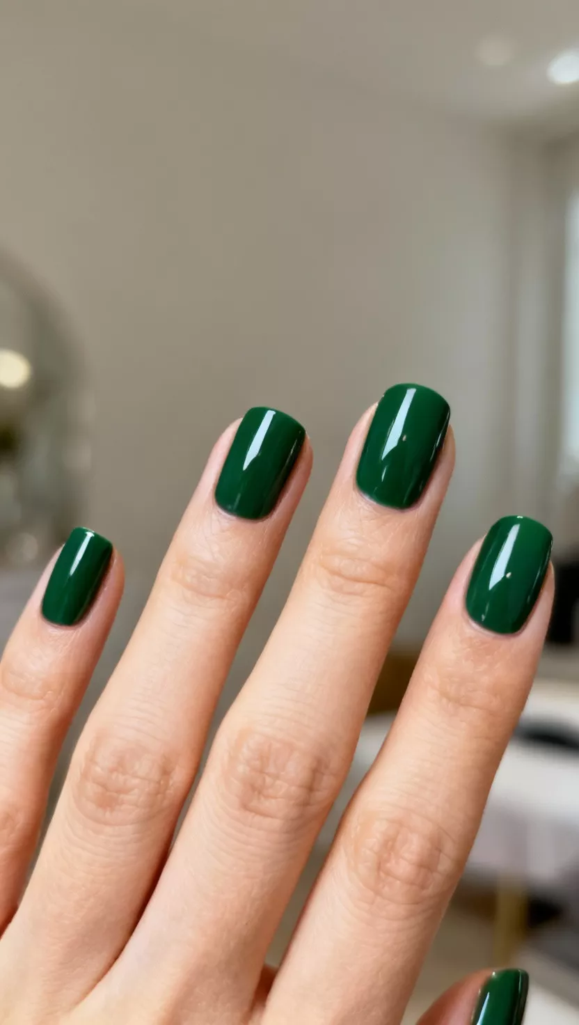 Deep Forest Green Solid close-up shot of a woman’s hand with five fingers showing nails with a rich, uniform, opaque deep forest green cream polish that fully covers the nail, finished with a high-gloss top coat, room background.