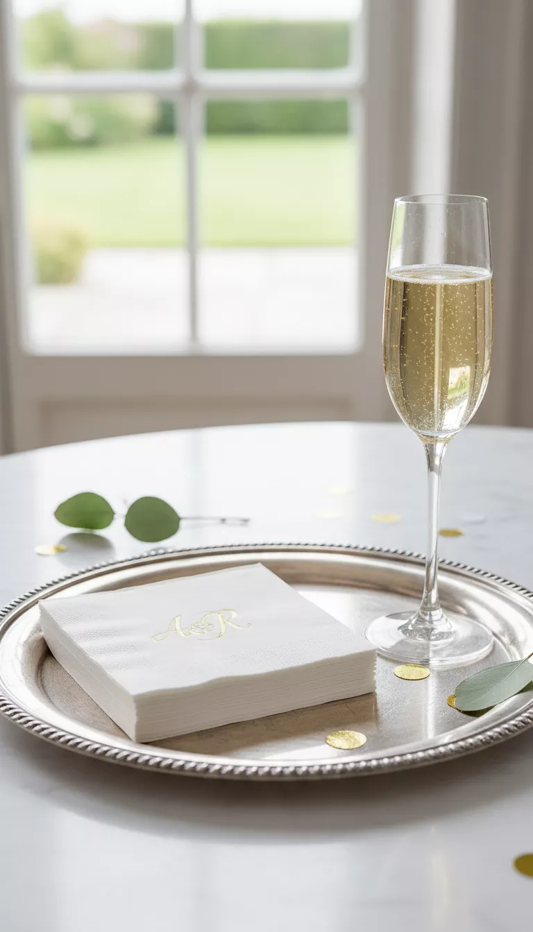 A professional photo, similar to a photo in a wedding magazine, of a neatly organized stack of white paper cocktail napkins personalized with a simple, elegant monogram pressed in gold foil next to a glass of champagne.