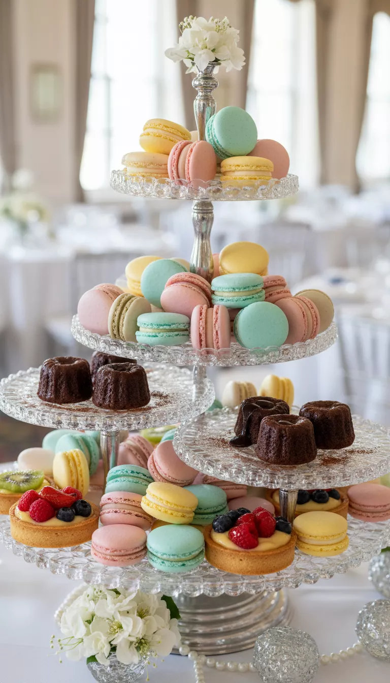 A professional photo, similar to a photo in a wedding magazine, of a tiered display of assorted pastel-colored French macarons, miniature chocolate lava cakes, and delicate fruit tarts, elegantly arranged on crystal platters.