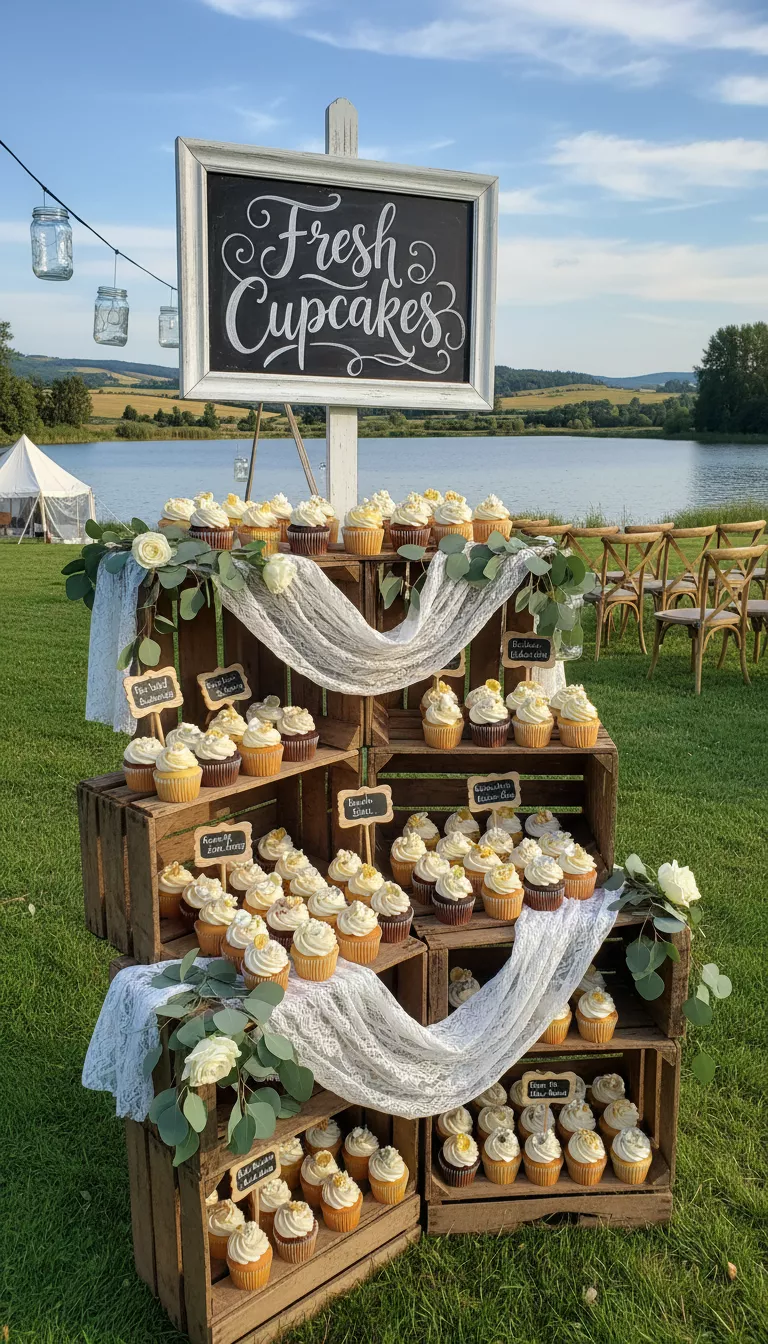 A photo of an inviting outdoor wedding cupcake stand with a handcrafted 