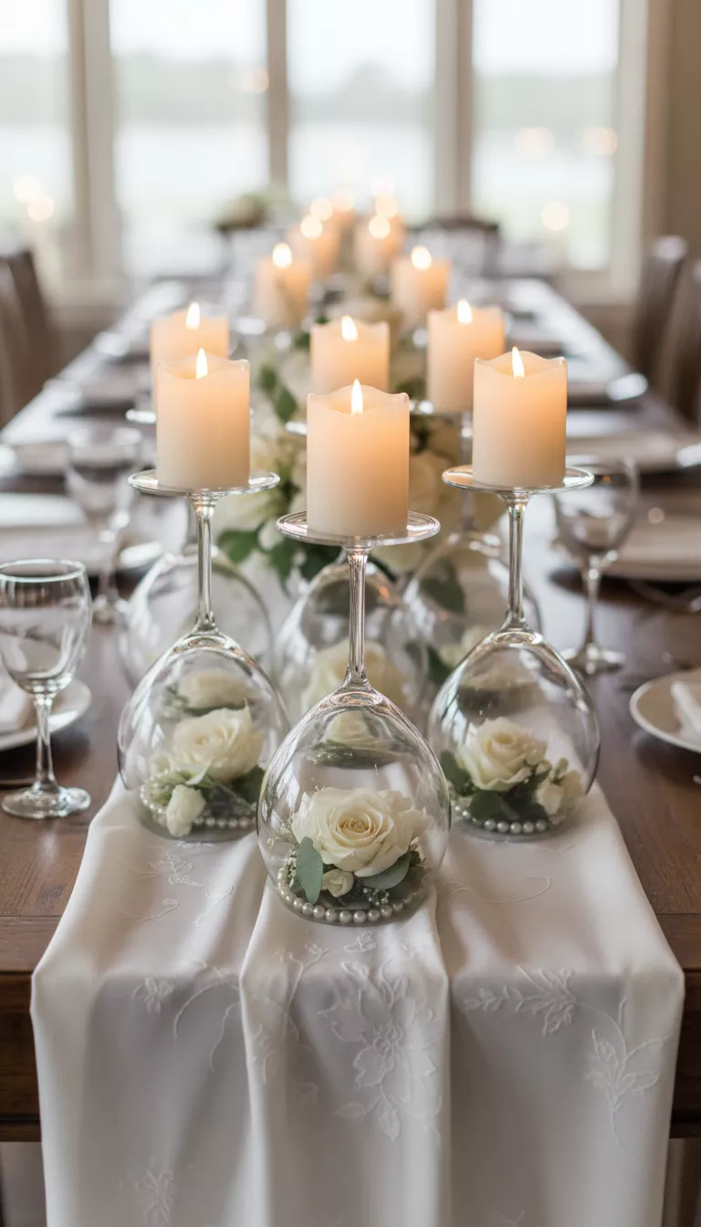 Wine Glasses Inverted as LED Candle Holders A professional photo, similar to a photo in a wedding magazine, of Dollar Tree wine glasses inverted, serving as bases with LED candles placed atop, creating an elegant upside down candle display.
