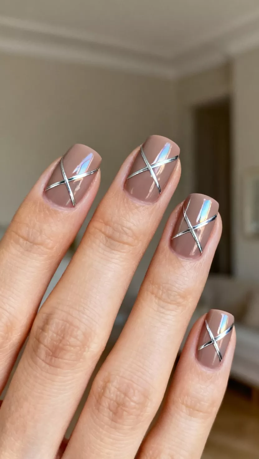 Taupe and Silver Geometric Lines close-up shot of a woman’s hand with five fingers showing nails with a soft, warm taupe opaque polish, elegantly detailed with thin, perfectly straight crisscrossing lines of reflective silver polish, forming various geometric patterns, room background.