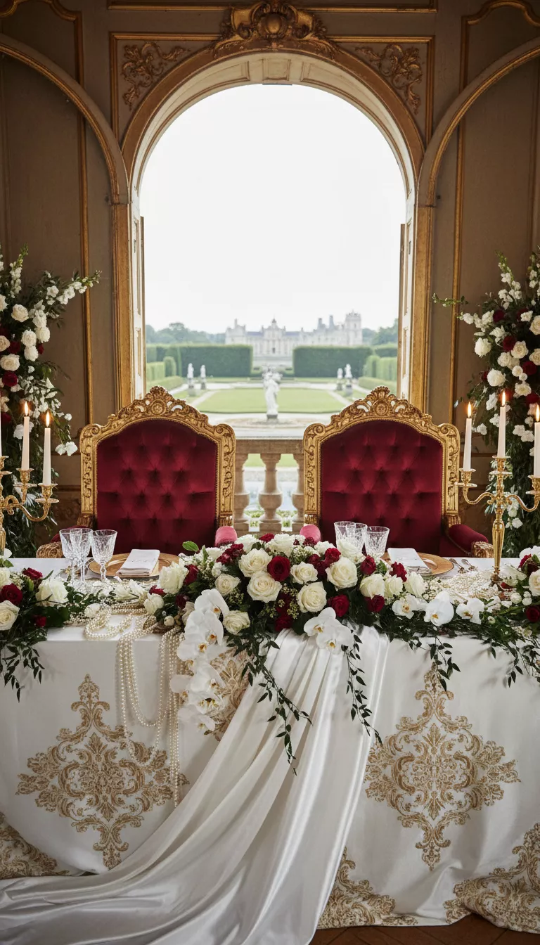 A professional photo, similar to a photo in a wedding magazine, of two large, ornate velvet upholstered armchairs in gold leaf frames, positioned at a lavishly decorated sweetheart table, subtly emphasizing the couple's regal status.