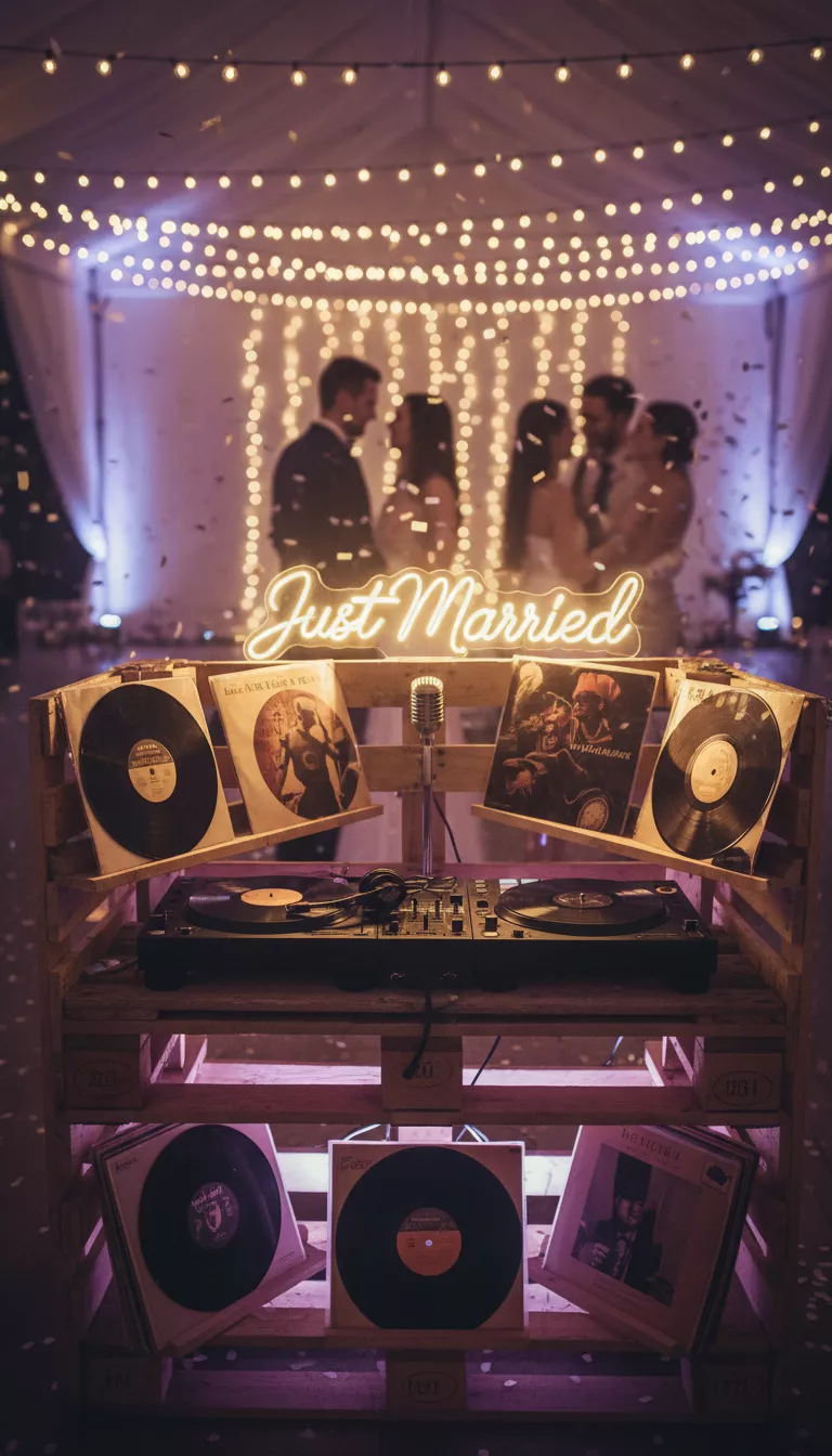 A professional photo, similar to a photo in a wedding magazine, of a DJ booth with vintage records displayed, featuring soft, atmospheric purple and blue uplighting during a slow dance.