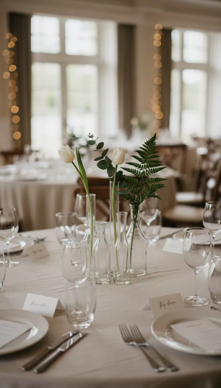 A professional photo, similar to a photo in a wedding magazine, of minimalist bud vase wedding settings, featuring three small, clear vases per table with single stems of white tulips and green foliage.