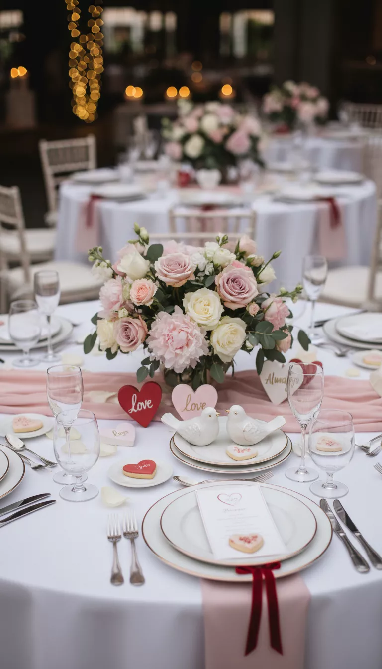 A professional photo, similar to a photo in a wedding magazine, of small, sweet Valentine’s Day themed accent pieces, like painted wooden hearts and ceramic lovebirds, subtly incorporated into a wedding reception table setting.