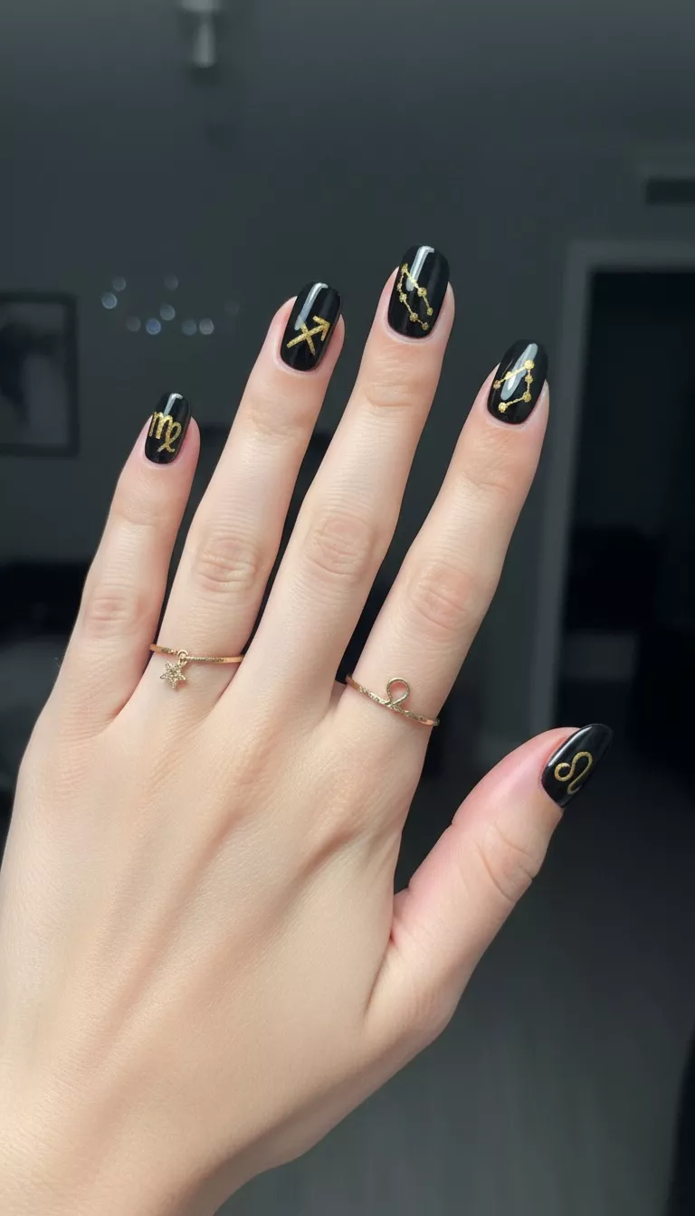 close-up shot of a woman’s hand with five fingers showing nails with a glossy jet black base polish, featuring small, simplified constellation maps or zodiac symbols painted in metallic gold on random fingers, dark, room background.