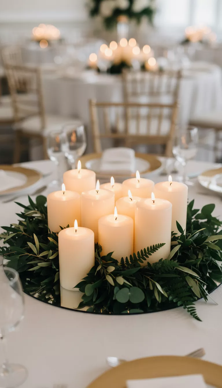 A professional photo, similar to a photo in a wedding magazine, of elegant, low wedding centerpieces composed entirely of various sizes of cream-colored pillar candles clustered on a mirrored tray with dark green foliage nestled around them.