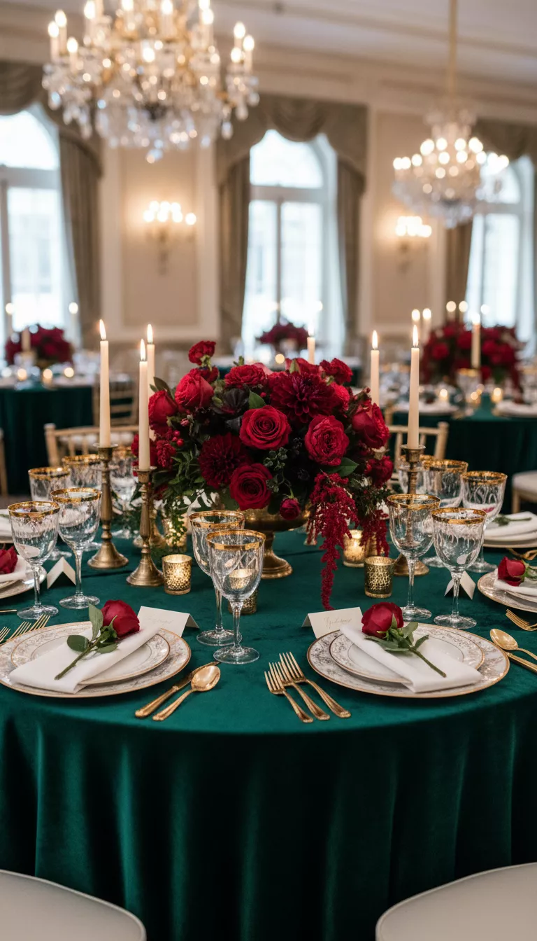 A professional photo, similar to a photo in a wedding magazine, of a round reception table draped with a deep emerald green velvet tablecloth, elegantly contrasted against white and gold china with deep red floral centerpieces.