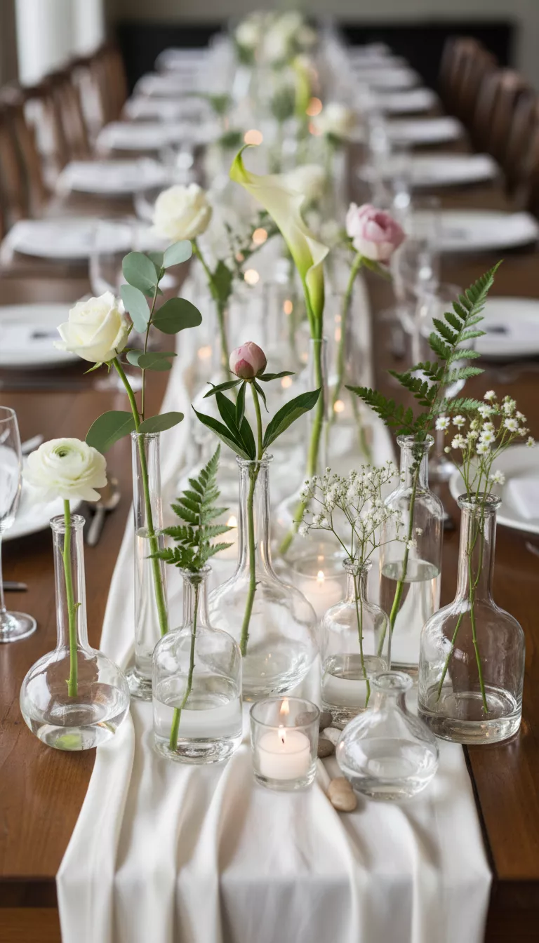 A professional photo, similar to a photo in a wedding magazine, of a collection of small clear glass bud vases of varying shapes and sizes, each holding a single delicate stem, lining a reception table.