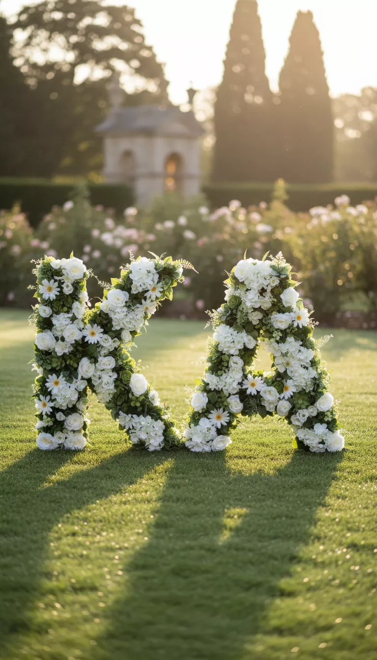 A professional photo, similar to a photo in a wedding magazine, of large, freestanding letters 'K' and 'A' covered completely in white and green artificial Dollar Tree flowers, positioned elegantly on a manicured lawn under the sun.
