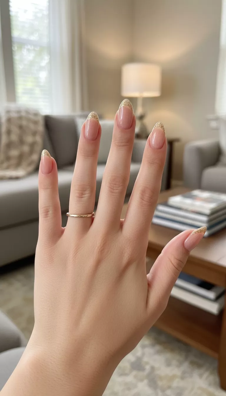 close-up shot of a woman’s hand with five fingers showing nails with a classic French manicure base with a subtle silver or gold glitter line instead of a white tip, living room background.