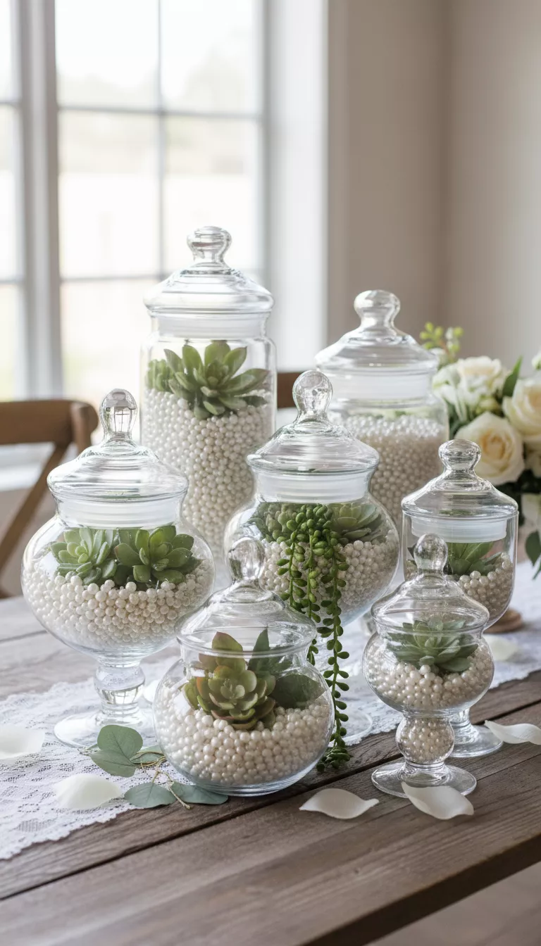 Apothecary Jars Filled with Decorative Items A professional photo, similar to a photo in a wedding magazine, of Dollar Tree clear apothecary jars with lids, transparently filled with decorative white beads and lifelike faux green succulents.