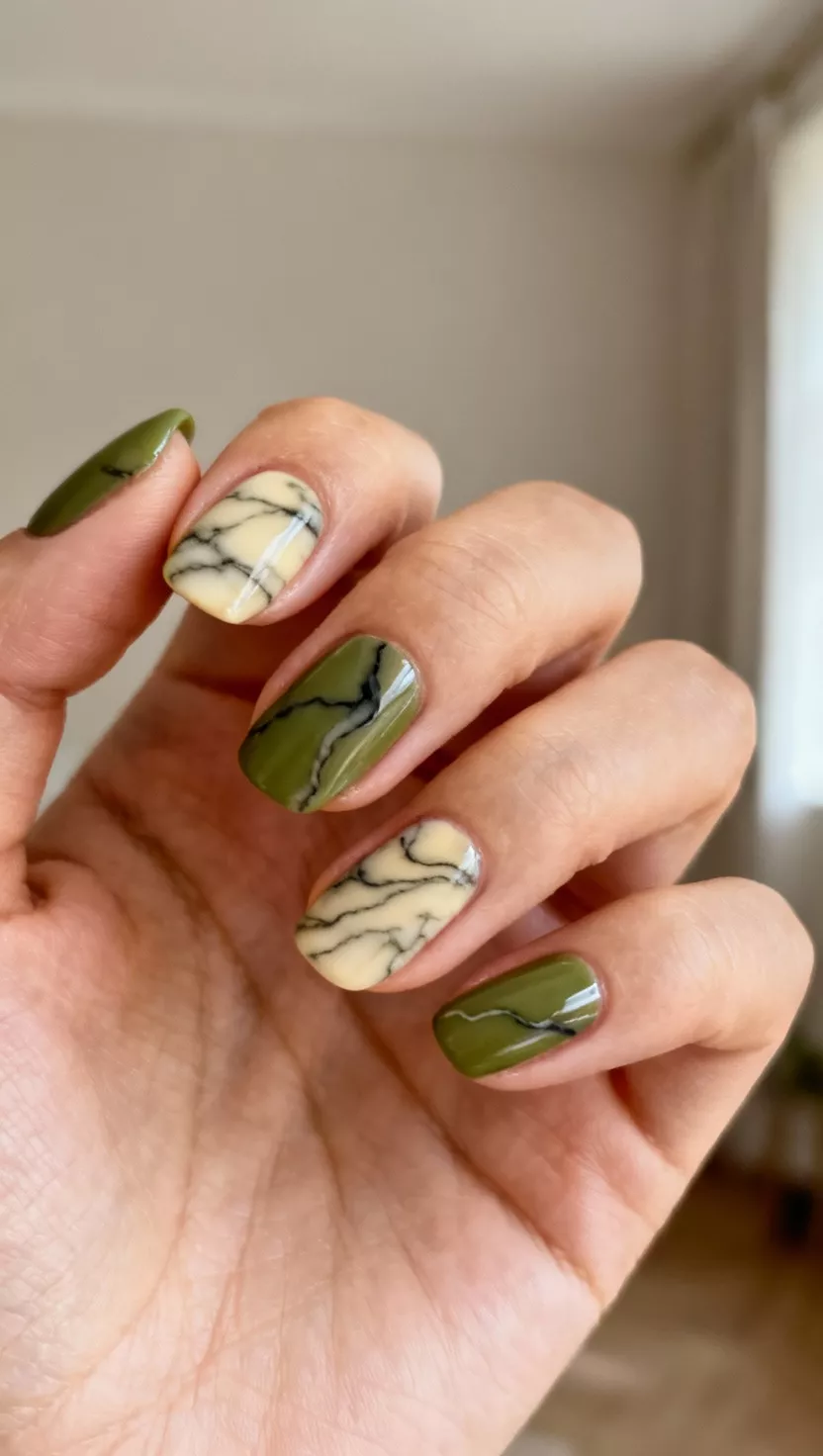 Earthy Olive Green Marble close-up shot of a woman’s hand with five fingers showing nails with an opaque olive green base swirled dramatically with thin veins of creamy beige and black to imitate natural marble stone, room background.