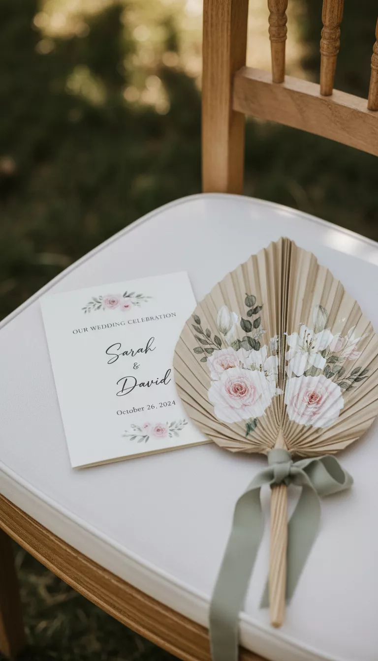 Delicate Program Fan Details A photo of a close up of a wedding program resting on a white chair, next to a delicate woven fan adorned with painted flowers.