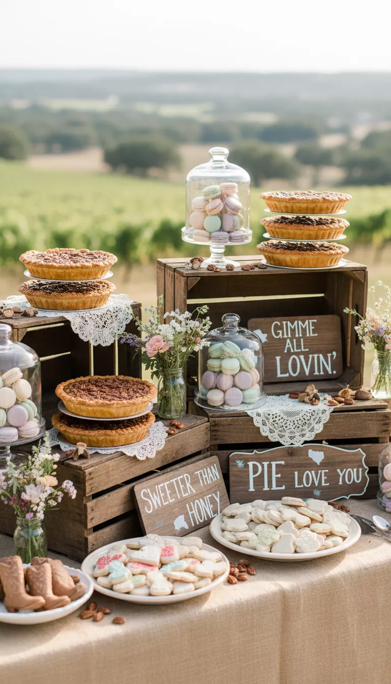 A photo of a charming rustic wedding dessert table featuring stacks of rich Texas pecan pies, delicate macarons, and small cookies, highlighted by playful, witty signs such as 'Gimme All Yer Lovin'.