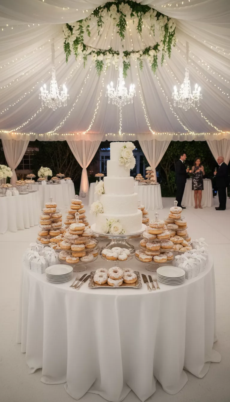 A photo of an elegant white wedding dessert display set up under a luxurious tent structure, featuring a striking tiered cake as the centerpiece, completely surrounded by an abundance of delicious donuts on tiered stands.