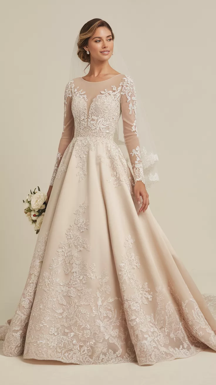 A photo of a bride wearing an elegant long-sleeved illusion neck ballgown with intricate lace appliqués and a flowing skirt against a plain background.