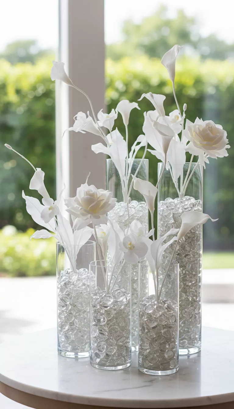 Clear Glass Cylinder Vases and Floral Stems A professional photo, similar to a photo in a wedding magazine, of clear glass cylinder vases filled with sparkling clear glass accent gems and elegant white plastic floral stems, bright natural lighting.