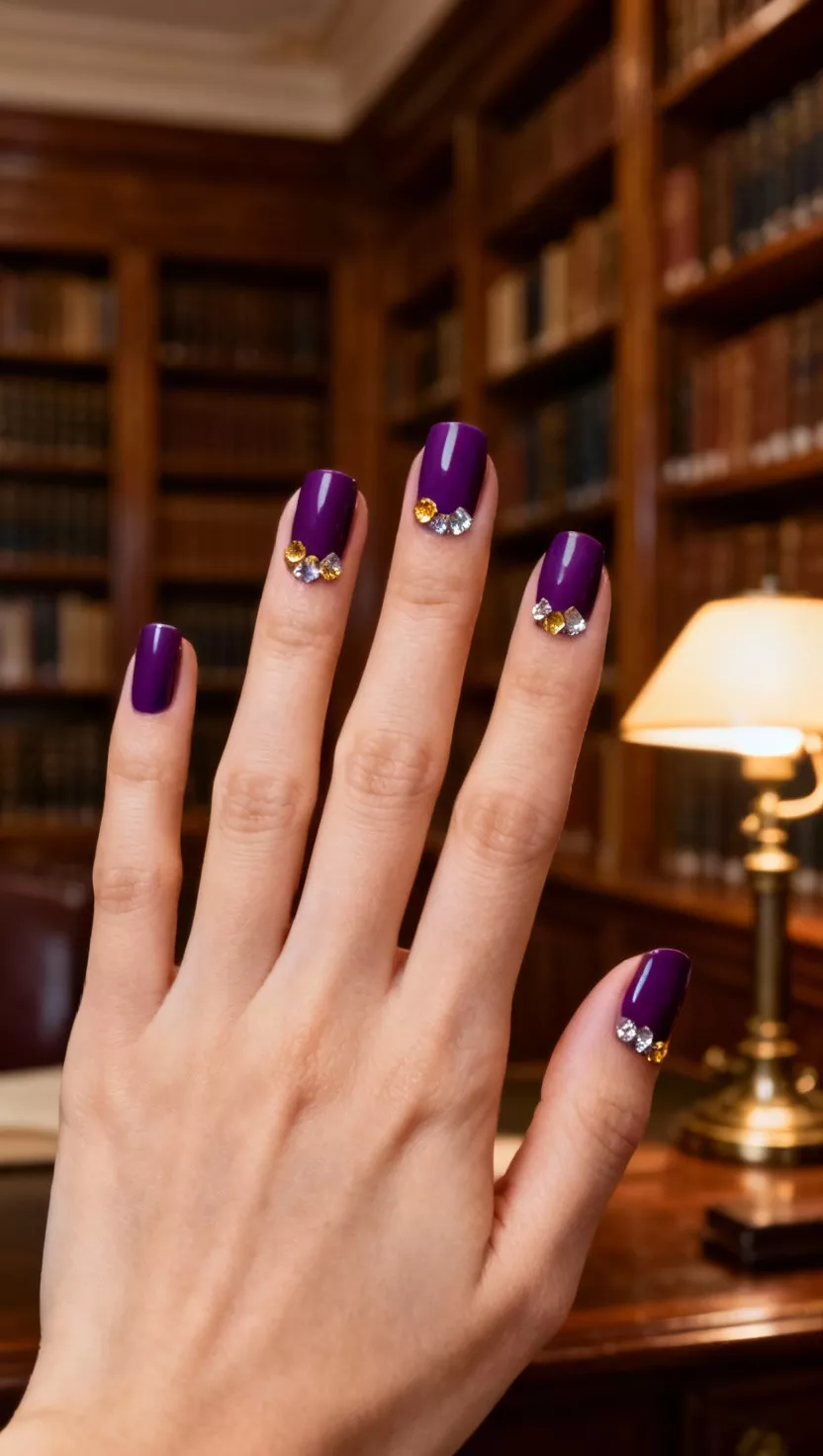 close-up shot of a woman’s hand with five fingers showing nails with a solid deep regal purple base and carefully placed small, individual gold or silver glitter pieces, clustered near the cuticle, elegant library room background.