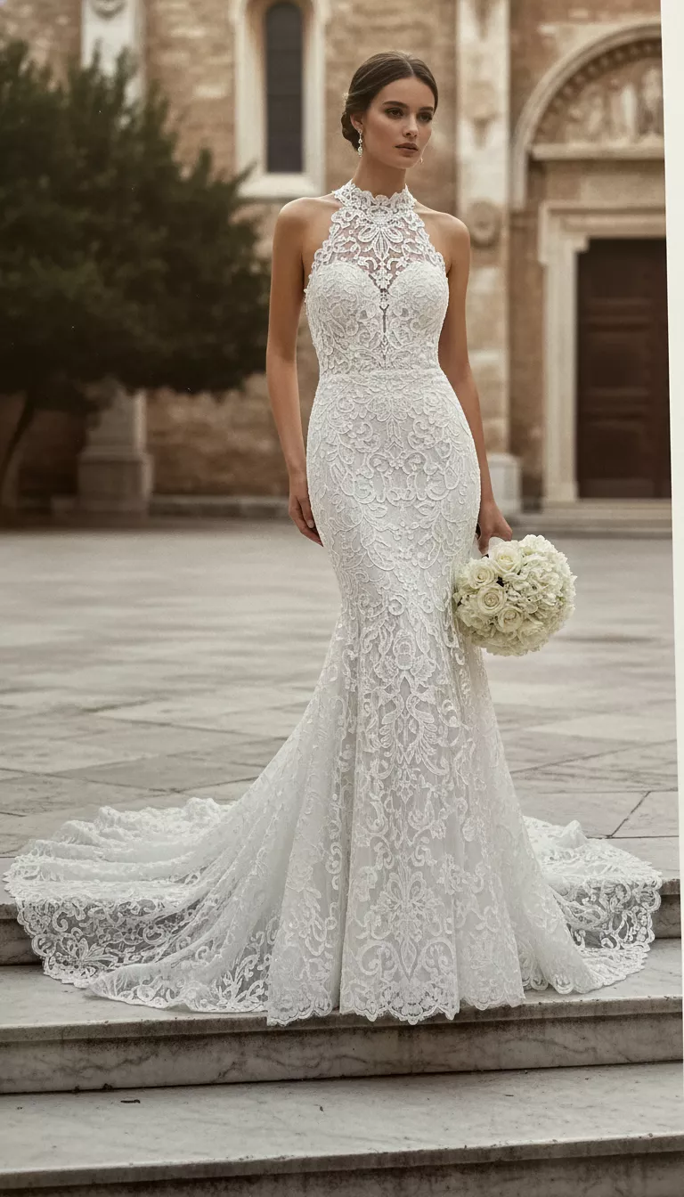 A professional photo, similar to a photo in a wedding magazine, of a form-fitting white mermaid wedding dress, entirely covered in intricate floral lace appliques, with a delicate high halter neckline for a beautifully textured look.
