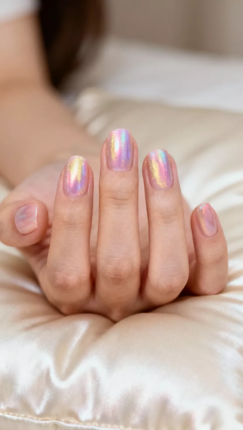 close-up shot of a woman’s hand with five fingers showing nails with a sheer pink base coated with a pearly, iridescent topcoat that shifts slightly in the light, silken pillow background.