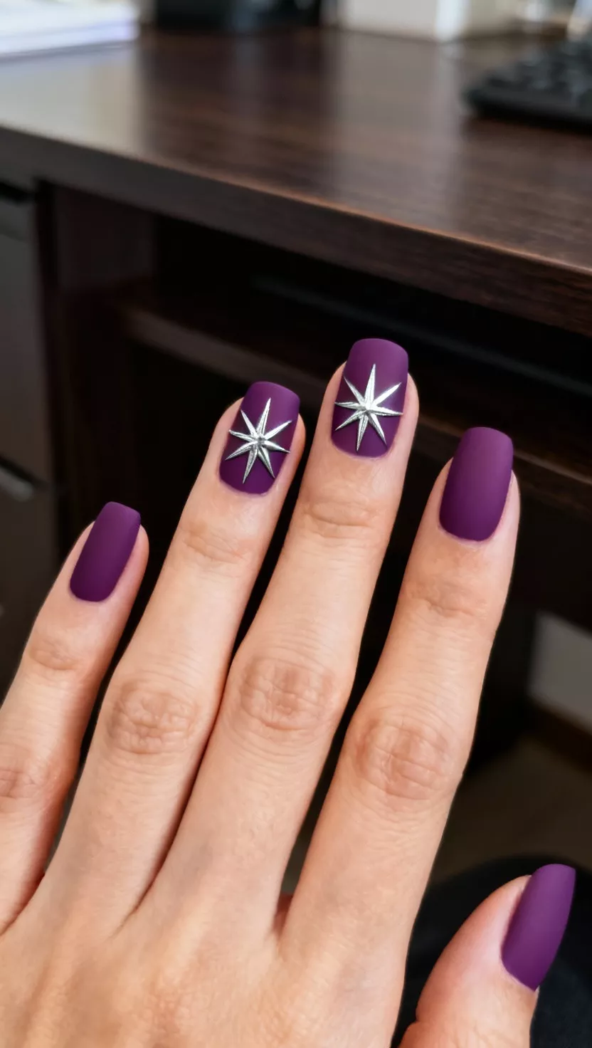 close-up shot of a woman’s hand with five fingers showing nails with a solid plum purple base and precise silver metallic paint used to create starburst patterns on two random nails, focusing on sharp clean lines, dark wood desk room background.