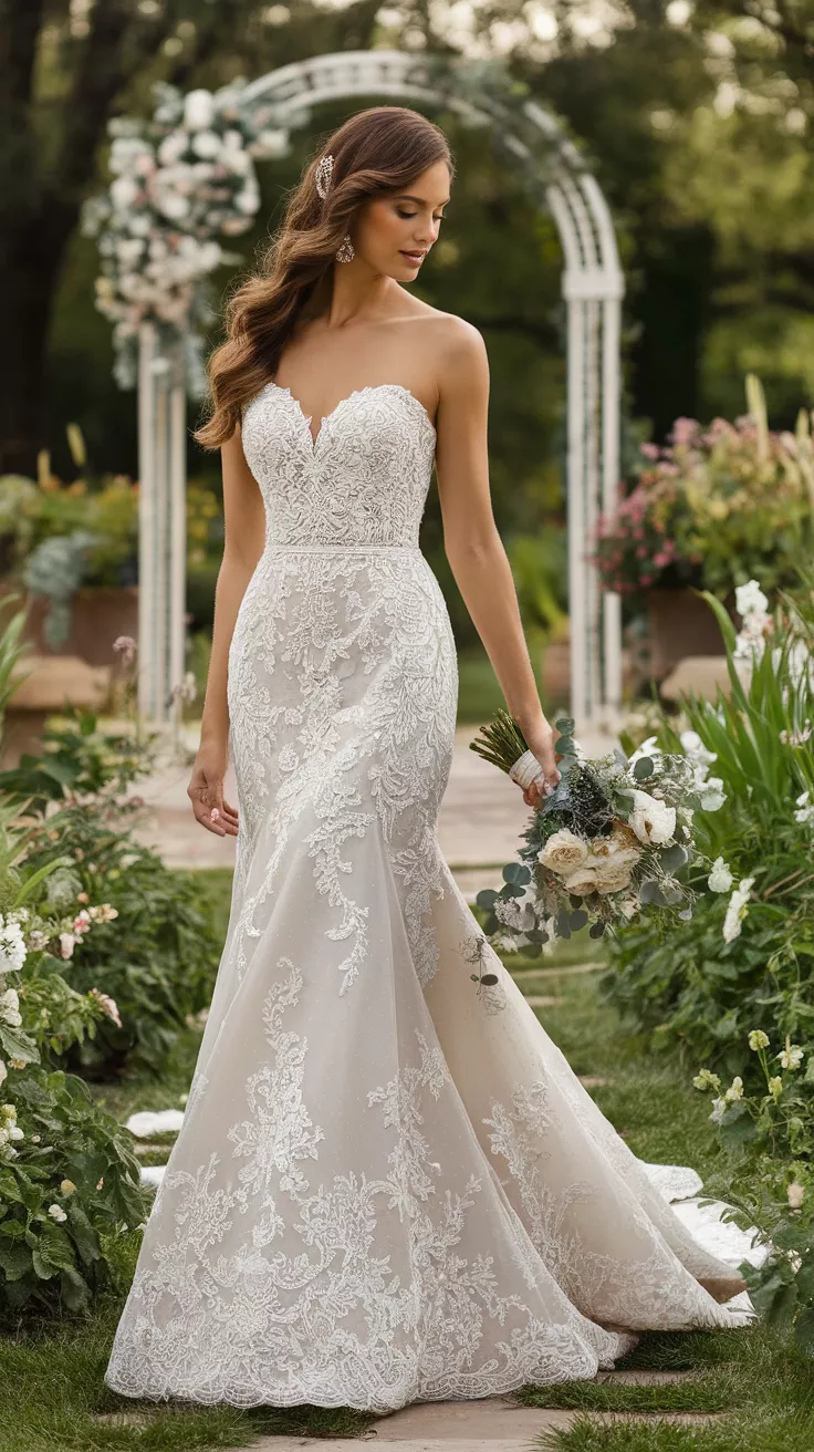 A photo of a bride wearing a strapless trumpet-style white gown adorned with delicate lace, holding a bouquet in a lush garden.